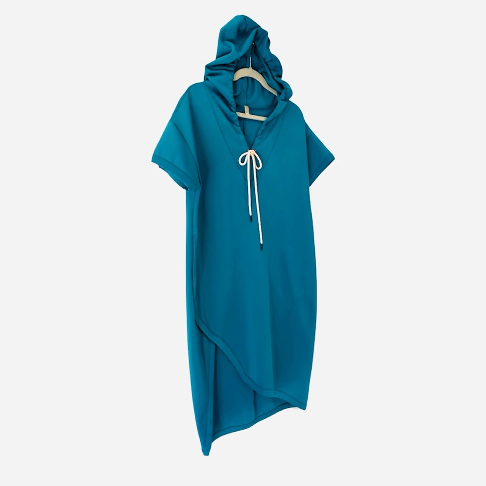 Rare‼️ Free People Midi Asymmetrical Neoprene Teal Hooded Dress